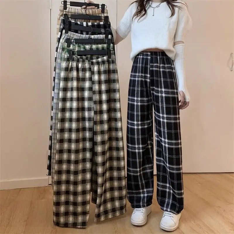 Lamb Velvet Fleece Lined Plaid Wide Leg Pants High Waist Straight Cut Winter New Casual Trousers for Women Korean Style