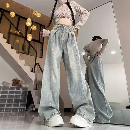 Vintage Light Blue Rugged Jeans Women's Loose-fit High-waisted Slimming Straight-leg Denim Trousers New Autumn Collection