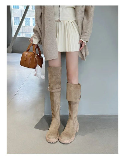 Over The Knee Cowboy Boots Women  Designer Winter Platform Shoes Fashion Fur Suede Wedges Thigh High Boots Motorcycle Shoes 2024