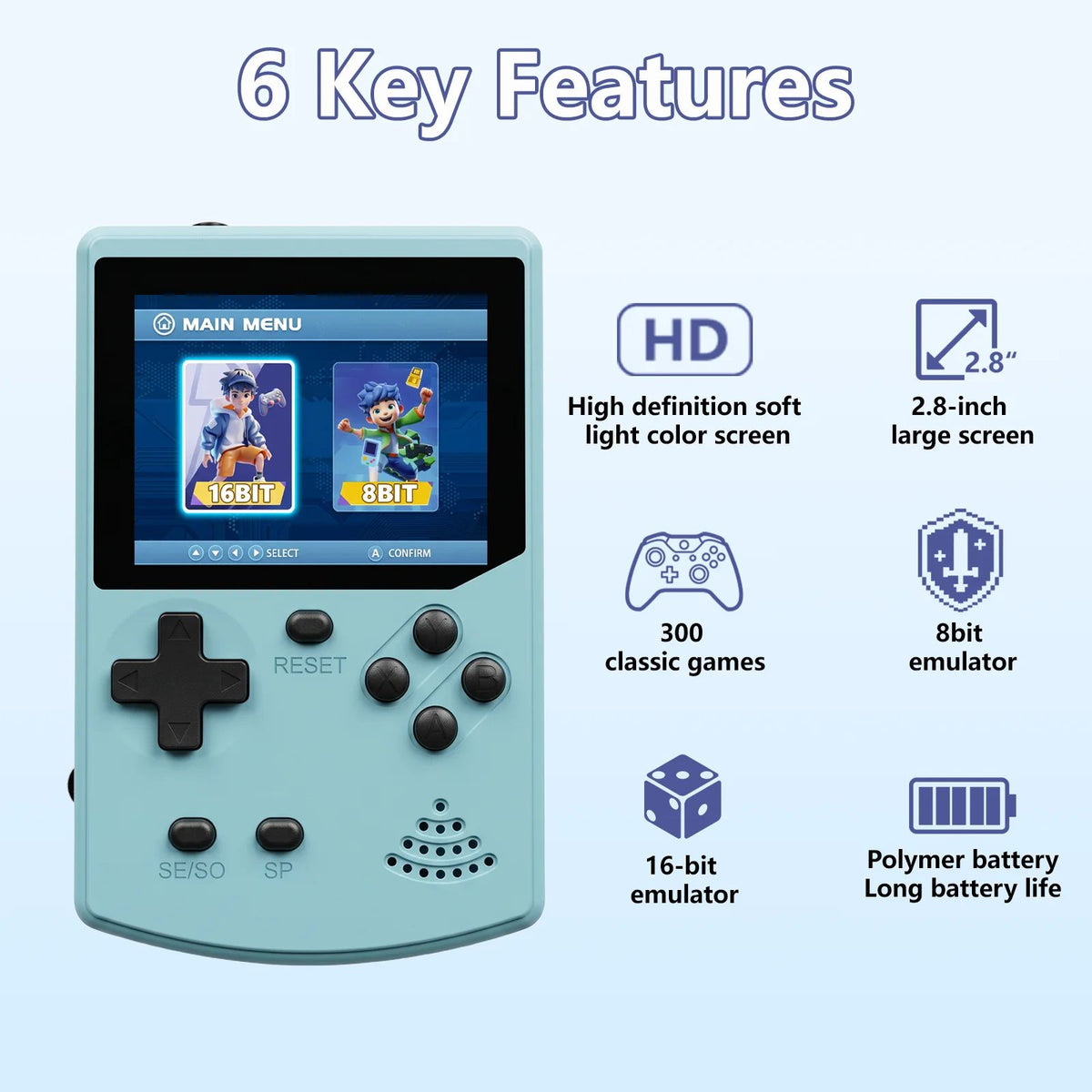 GAMINJA Handheld Game Console 300 Classic 8bit/16bit Games 2.8" HD Screen Retro Video Mini Game Console Gift for Nostalgia