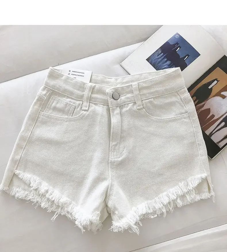 2025 New Summer Women High Wiast Raw Hem Denim Shorts Soild White Black Blue Korean Wide Leg Pants Mon Shorts  Jean Shorts