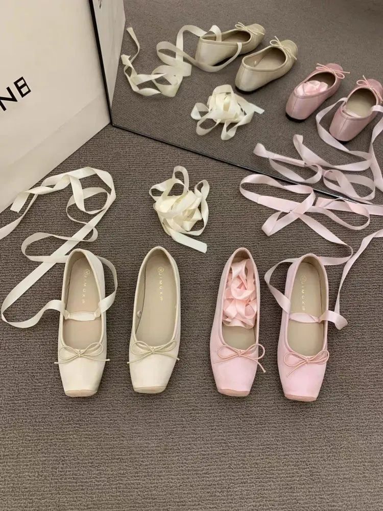 Women Flats Bow Marie Janes Shoes  New Lolita Dress Square Toe Shoes Designer Walking Sandals Female Elegant Zapatos