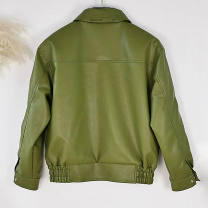 Olive Green Leather Jacket Coat Silhouette Vintage High Street Trend Zipper Lapel Short Overcoat Loose Casual Top Outwear Autumn