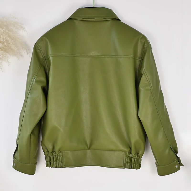 Olive Green Leather Jacket Coat Silhouette Vintage High Street Trend Zipper Lapel Short Overcoat Loose Casual Top Outwear Autumn