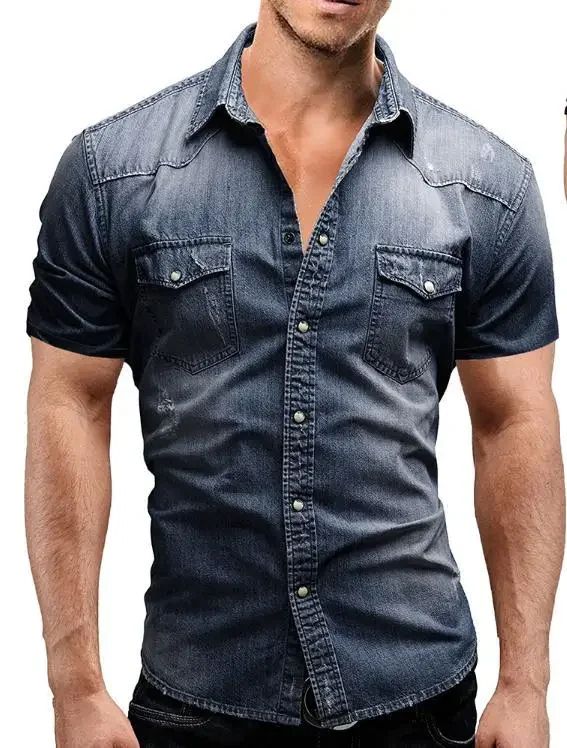 New 2025 Men's Denim Shirt Fashion Short Sleeve Soft Solid Slim Cowboy Tops Men Trend Streetwear Vintage Casual Cardigan T-shirt