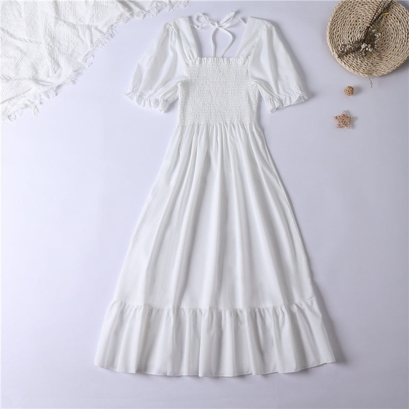 Summer Pleated Women Chiffon Dresses Casual Beach Holiday Short Sleeve Square Co