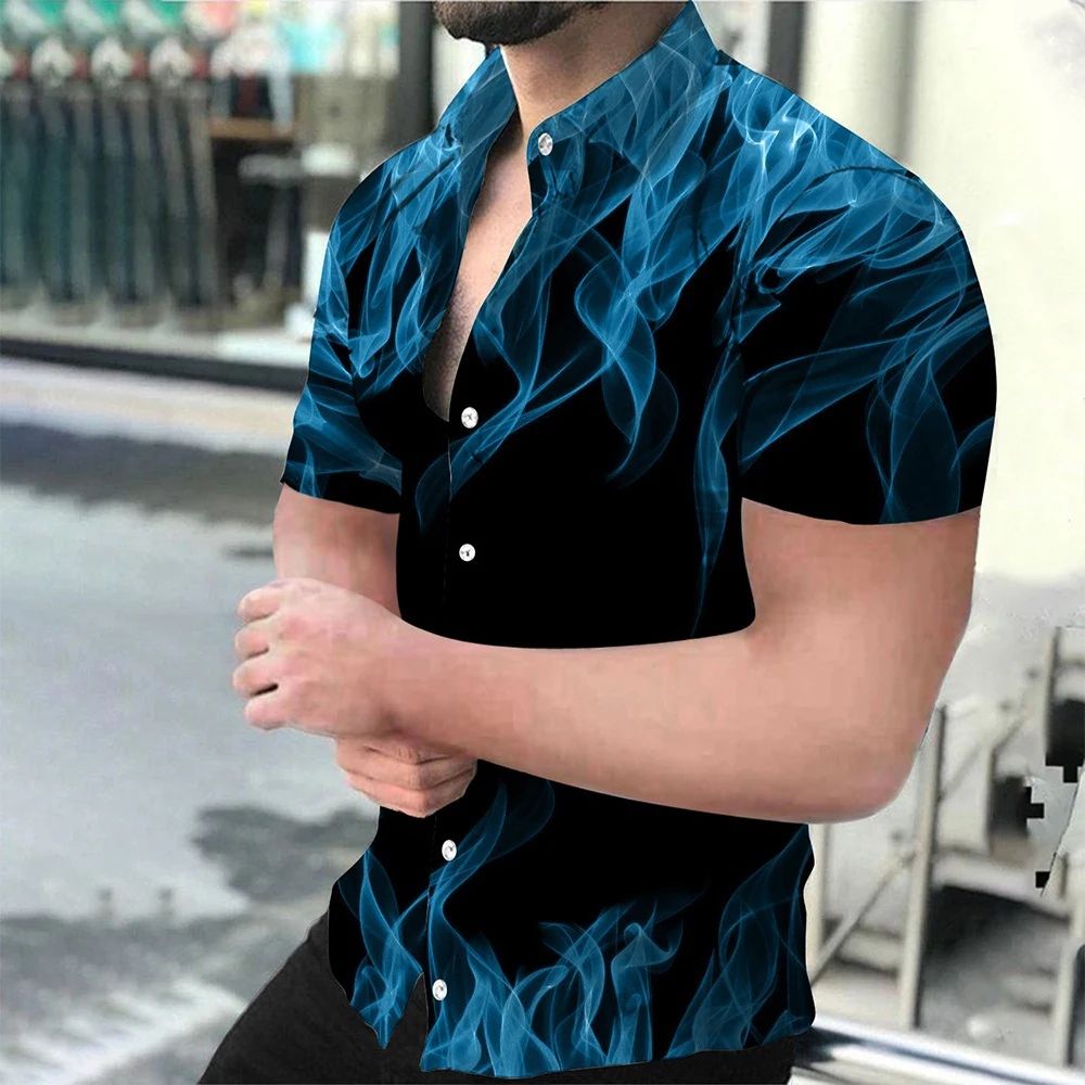 Men's Shirt Blue Flame 3d Printed Short sleeve Shirts Men Women Fashion Hawaiian Shirt Casual Beach Blouses Unisex Clothing