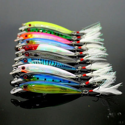 Isca de Pesca Laser Minnow 10/5 Peças Biónica Artificial 9cm/7g Isca Dura Flutuante com Anzol de Pena Wobbler Pesca para Baixo Lúcio