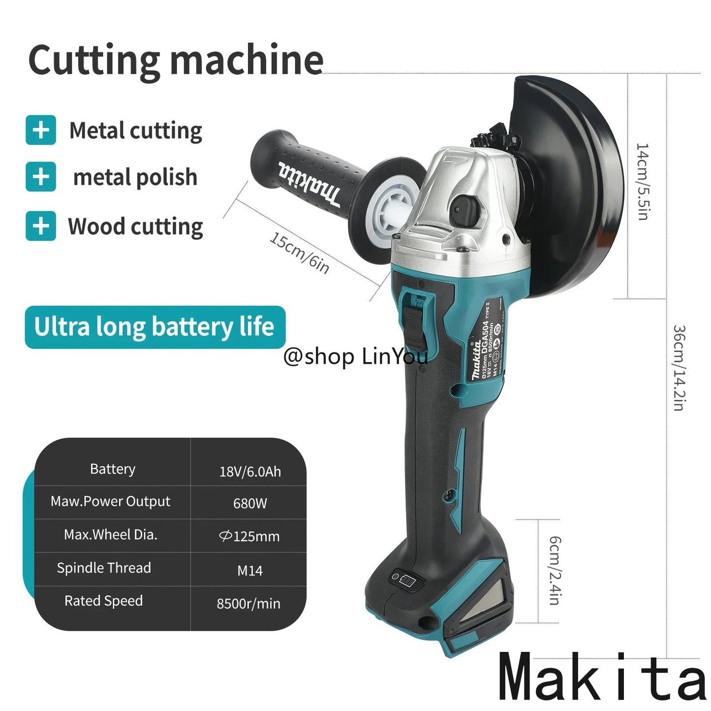 Esmerilhadeira angular multiuso Makita DGA504 18V 6.0Ah 125mm a bateria de lítio brushless (ferramenta avulsa)