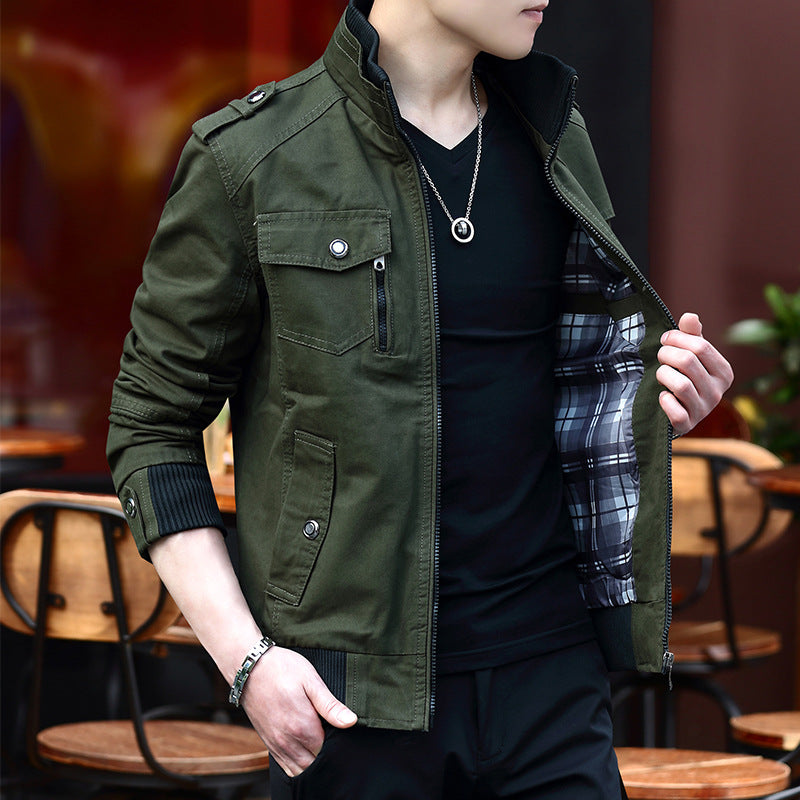 Korean Fashion Stand-up Collar Denim Cargo Coat 2023 Spring Autumn New Men's Jacket Men's Zipper Pocket Stitching Slim Jacket