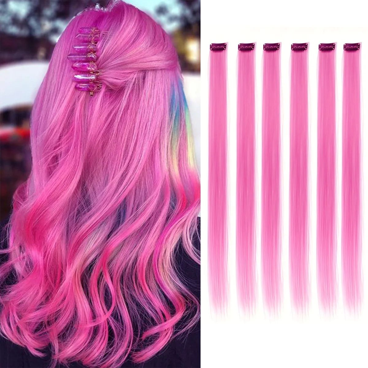 Clip in Hair Extensions Colored Party Highlights 22 inches 6pcs/pack Multi-colors Straight Hair Synthetic Hairpieces Royal Blue