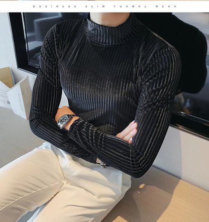 New Gold Velvet T Shirt Men Clothing Fashion Trend Male Luxury Prom Party Long-sleeved Striped Pullover Tops Homme