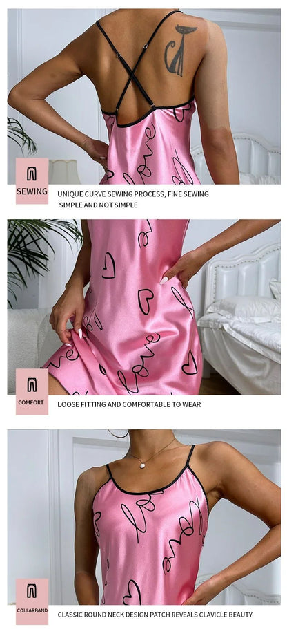 Heart Print Cross Tie Straps Satin Fabric Pajamas Sets Nightdress Casual Round Neck Strap Sleep Dress Women's Sleepwear Dresses