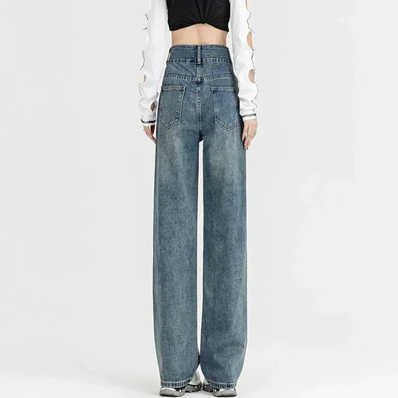 New Woman Korean Double Buckle Design Jeans Female Winter Snow Warm Thermal Plush Pants Girls Popular High Waist Denim Trousers