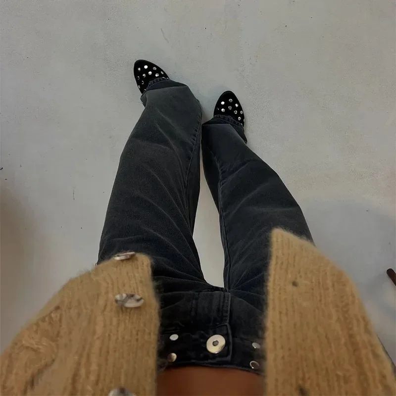 Spanish Fashion ONE DILEMMA Five-pointed Star Pattern Rivet Decorative Black Jeans Women's Autumn Multiple Light Blue Jeans