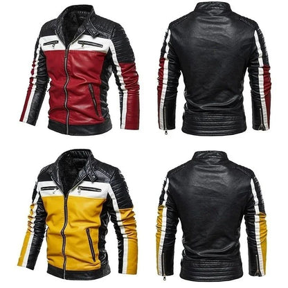 Male Motorcycle Jacket Slim Fit Fur Lined Outwear Coat Men Yellow PU Leather Jacket Patchwork Biker Jackets Classic Zipper Coat
