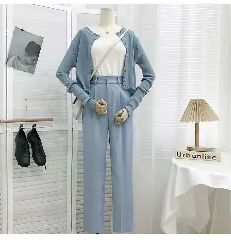 Fashion Elastic High Waist Suit Pants Women Fall Spring Casual Loose Straight Black Trouser Office Ladies Nine Points Streetwear