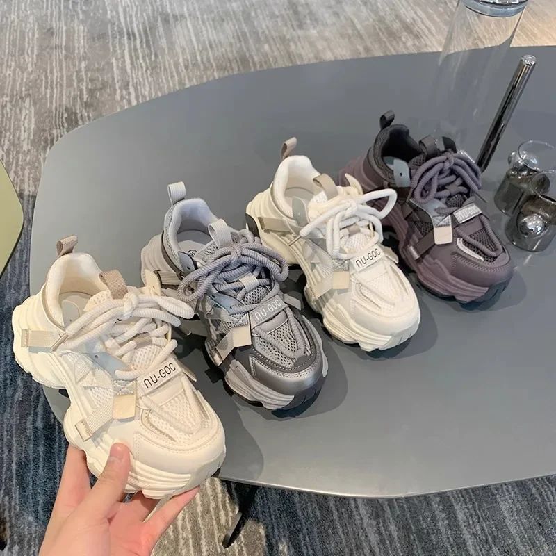 Women's Chunky Sneakers  Breathable Mesh Platform Sports Shoes Woman Fashion Lace Up Thick Sole Casual Shoes Mujer