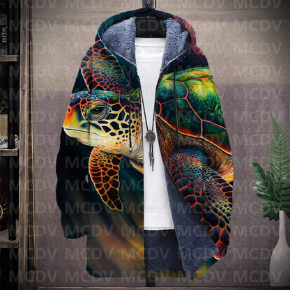 Men's Retro Print Plush Thick Long-Sleeved Coat Cardigan Sea Turtle 3D Prined Fleece Hooded Overcoat Unisex Thick Warm Jacket