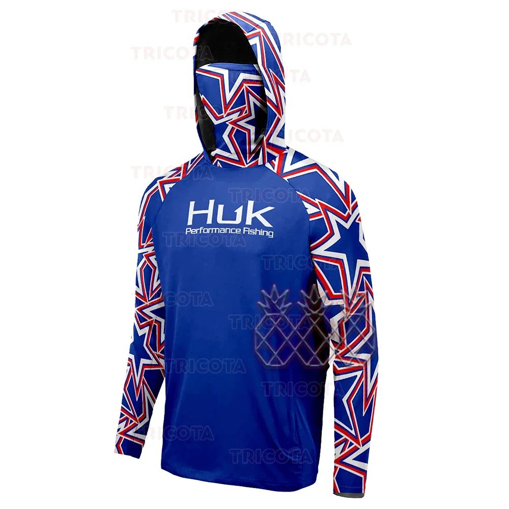 Camisas HUK Fishing Hoodies com Capuz Máscara Protetora para Pesca Roupas de Pesca Masculinas Manga Longa Respirável Proteção UV UPF50+ Camisetas de Pesca