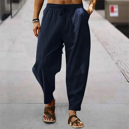 2025 Calça Masculina de Algodão e Linho Verão e Outono Cor Sólida Cintura Alta Perna Larga Calça Masculina Solta Cânhamo Casual Respirável Esportiva