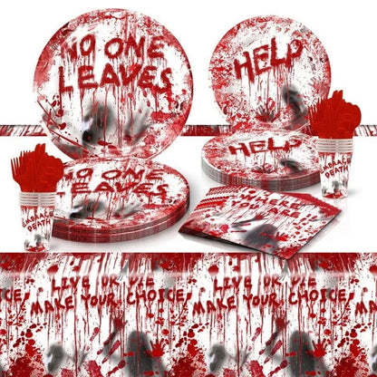 Conjunto de Louça de Festa de Halloween Pratos Festivos Guardanapos Toalha de Mesa Louça Descartável para 10/12 Convidados Decoração de Halloween