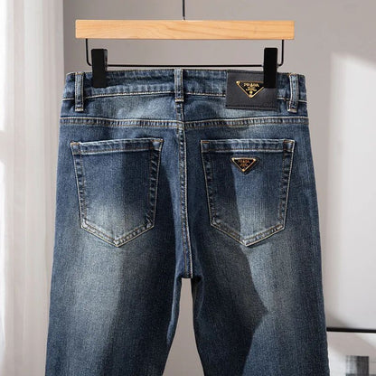 Milão Qualidade Premium Europeia Outono/Inverno Calças Jeans Masculinas Emagrecem Sua Silhueta Solta Reta Elástica Vintage