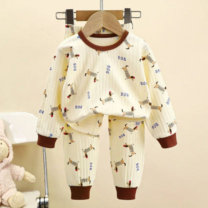 Kids Boys Girls Pure Cotton Warm Pajamas Cute Cartoon Long Sleeve T-Shirt + Pants Toddler Baby Autumn Underwear Clothing Sets