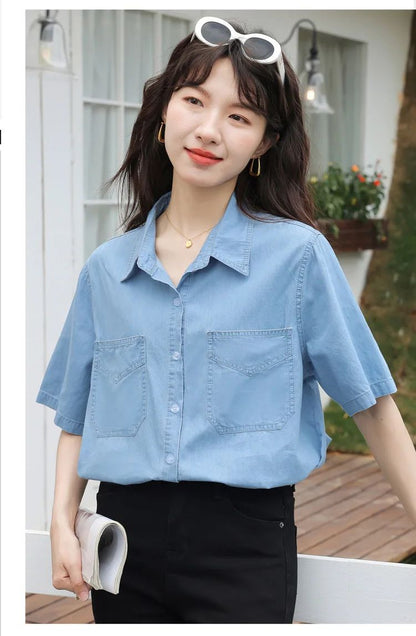 Vintageblueshort Sleeves Thin Denim Shirt 2024 Summer New Casual Loose-Fit Hong Kong Style Petite Top For Women