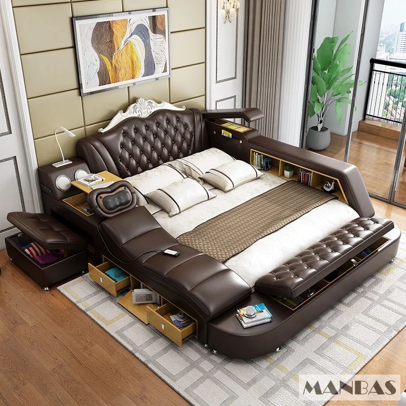 MANBAS Ultimate Bed Frame Tech Smart Multifunctional Bed with Genuine Leather, Massage, USB, Bluetooth Speaker, Tatami & Safe