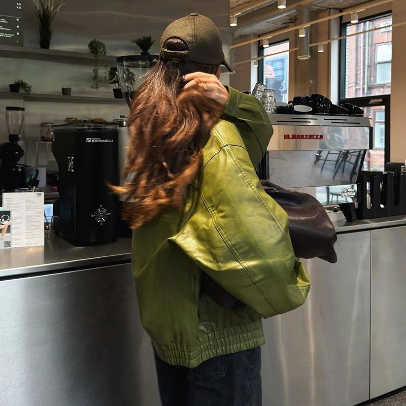 Olive Green Leather Jacket Coat Silhouette Vintage High Street Trend Zipper Lapel Short Overcoat Loose Casual Top Outwear Autumn