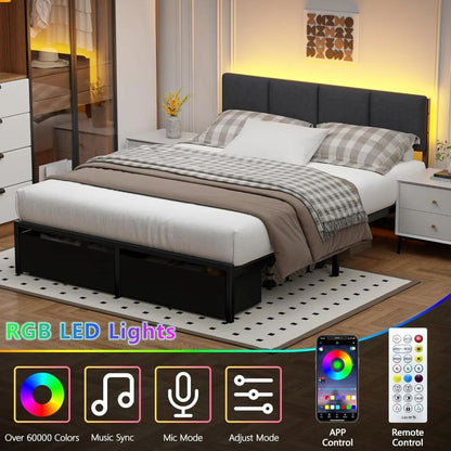 Queen Bed Frame with Headboard And Storage Drawer Upholstered Platform Bed Frame Queen Size with Charging Feature