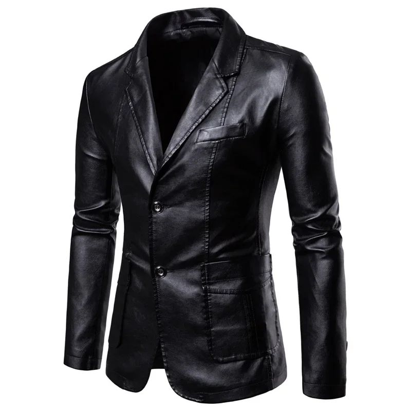 Spring Autumn New Men's Trendy Lapel Leather Dress Suit Coat Slim Fit Windproof Jacket Male Business Casual Pu Blazers Jacket