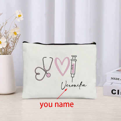 Stethoscope Nurse Custom Name Canvas Bag Organizer Travel Storage Medicine Bags Perfume Lipstick Pouch Personalized Gift Nurses
