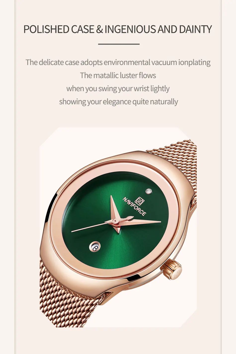 NAVIFORCE Luxury Green Analog Date Quartz Fashion Ladies Watches Mesh Steel Strap Waterproof Business Women Wristwatch Clocks