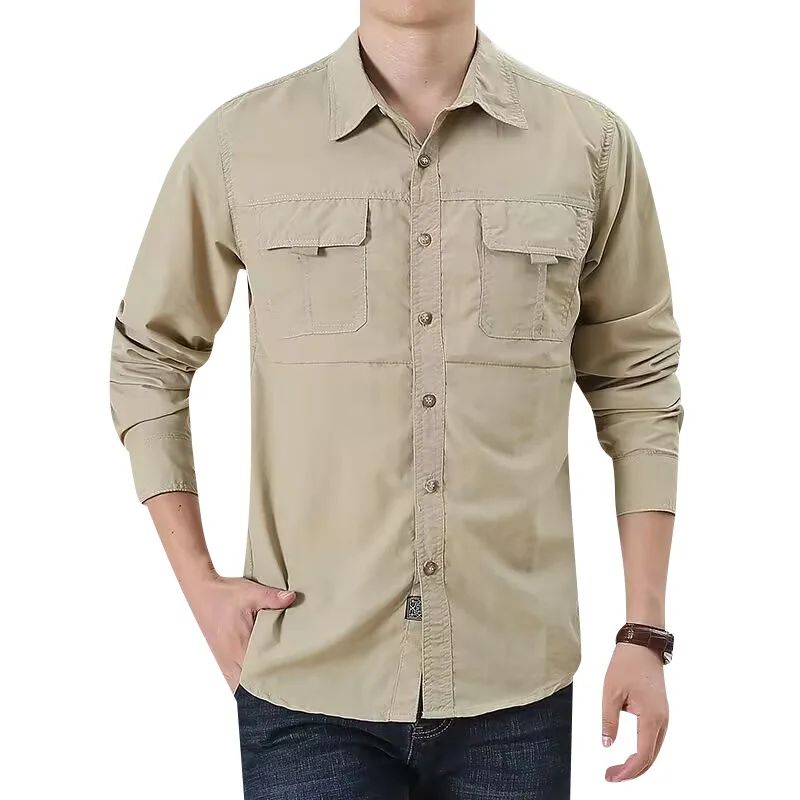 Men Loose Long-sleeved Shirt. New Solid Color Shirt for Middle-aged and Young People in Europe and America in Spring and Autumn
