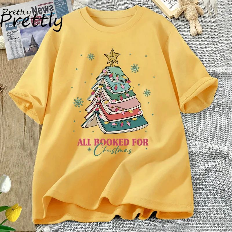 Book Tree Christmas T Shirt All Booked for Christmas T-shirt for Book Lover Librarian Teachers Tees Bookish Cotton Tshirt