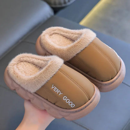 Waterproof Anti-Slip Kids Slippers Winter Warm Plush House Shoes for Boys Girls Indoor Outdoor Home Use