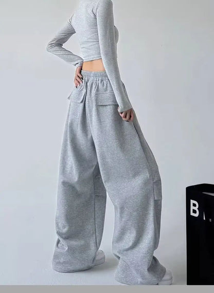 Calça Esportiva Cinza de Cintura Alta Solta Masculina Feminina Casual Perna Larga Calças Estilo Primavera Outono Confortável Moletom Roupa de Trabalho