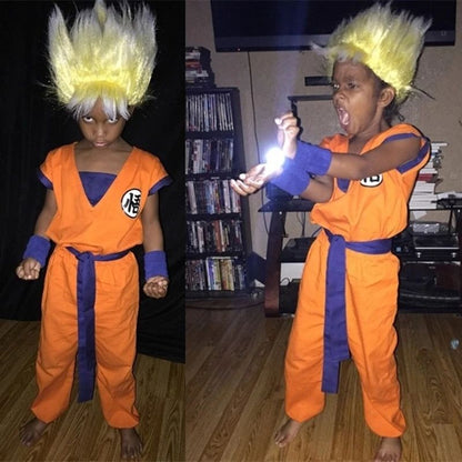 Adult Kids Son Goku Gui Carnival Cosplay Anime Costumes Halloween parties and Holiday Including Tail Wrist Wig Blue Gold Design