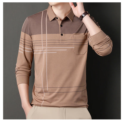 New Men's Polo Shirt Long-sleeved Polos Shirt Lapel Fashion Spring and Autumn Thin Shirt Casual Loose Tops Striped Streetwear