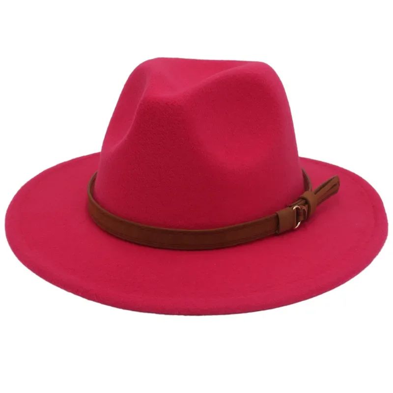 Classic Brown Belt Women Fedora Hats Autumn Winter Gentleman Jazz Felt Hat For Men Retro Church Lady Flat Wide Brim Dress Hat