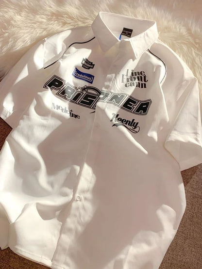 Cargo Short-sleeved Shirt New Summer Youth Casual Lapel Button Up Blouse Men Women Hip Hop Letter Print Racing Tee