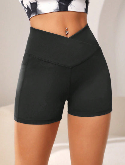 Women High Waist Yoga Sport Biker Shorts for Fitness Cross Waist Pocket Yoga Pant