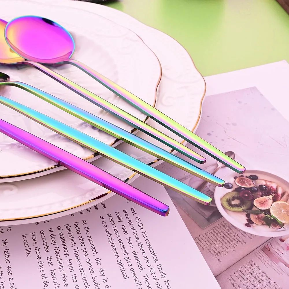 Conjunto de Talheres de Aço Inoxidável 16 Peças Rainbow para Jantar Faca Garfo de Bolo Colher Conjunto de Talheres de Mesa de Cozinha