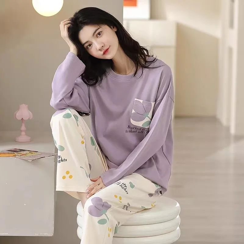 Pyjamas Set for Women's Plus Size Student Long Sleeve Spring and Fall Loungewear Ladies Simple Loose Homewear Casual Sleepwear