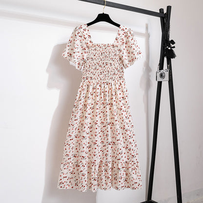 Spring Summer Chiffon Dress Women Midi DressesFemale Short Sleeve Elastic Waist