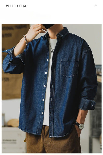 Autumn New Men's Long Sleeve Denim Shirt Classic Black Blue Loose Lapel Collar Coats Fashion Korean High Street Male Clothes Top