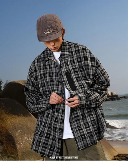 Autumn Y2K Vintage Plaid Shirts For Men Long Sleeve Button Up Blouse Korean Fashion Zip Pocket Cargo Shirt Streetwear Clothes