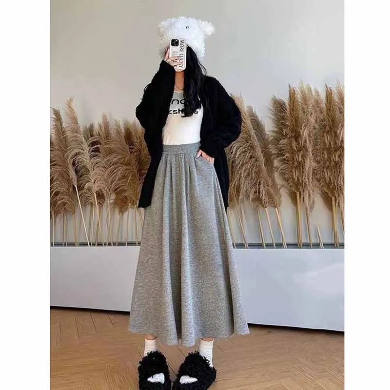 Smvp High Quality Knitted Long Skirt Women Autumn Winter Thick Warm A-Line Skirt Female Solid Casual Wild High Waist Skirts
